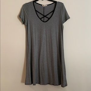 Black and grey striped shirt sleeve dress